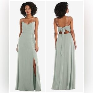 NWT Dessy Collection Tie-Back Cutout Maxi Dress w/ Front Slit, Willow Green, 14R